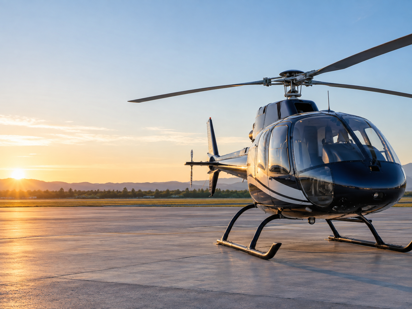 Helicóptero de instrucción sobre una pista al amanecer
