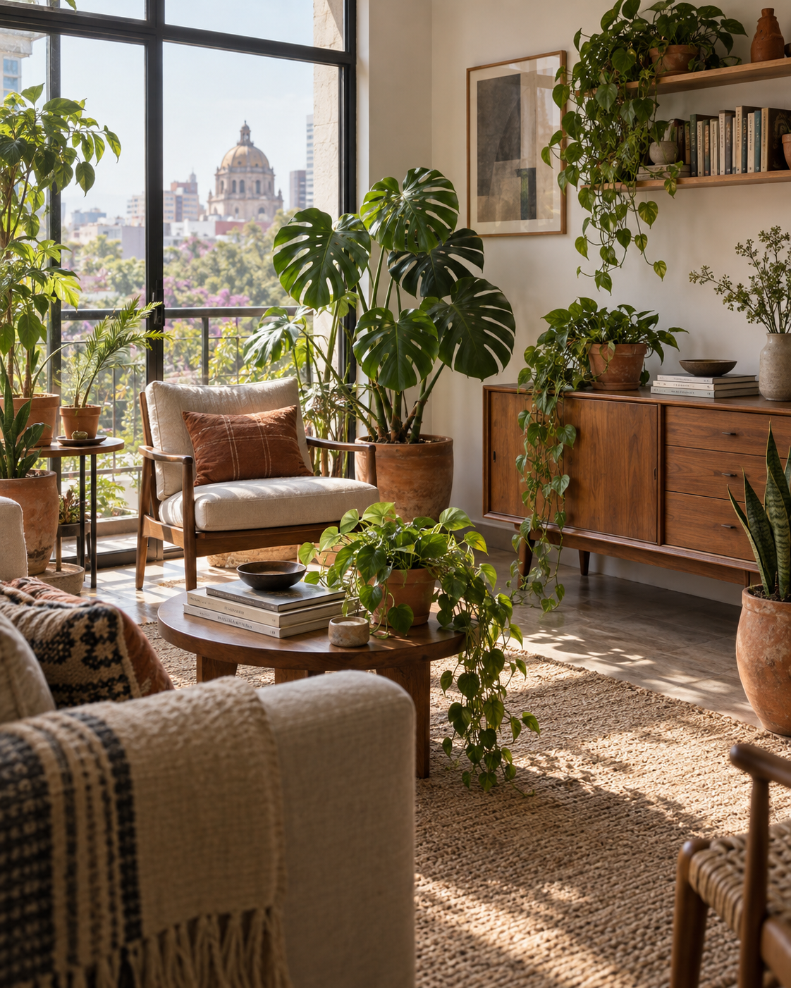 Sala acogedora con diseño de plantas de interior