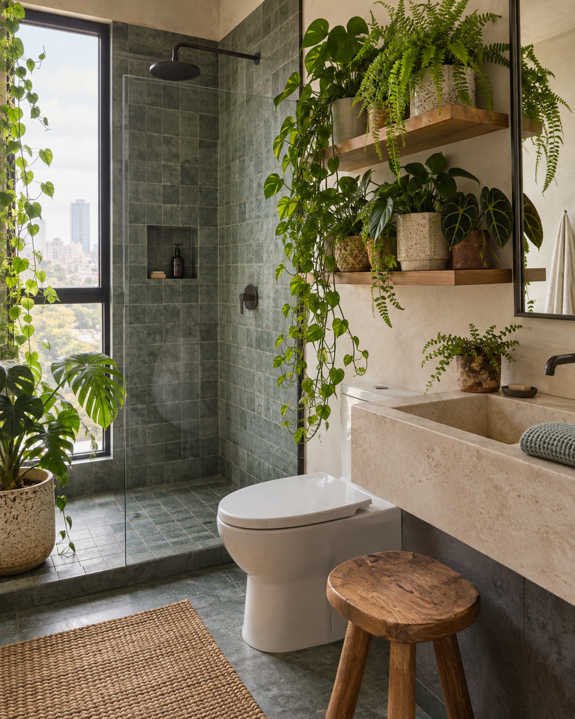 Plantas saludables en un espacio de baño