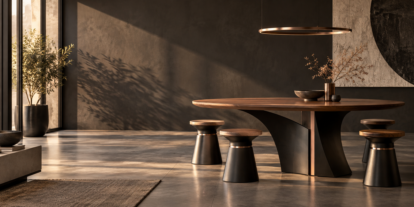 Comedor contemporáneo con mesa de madera y estructura de metal negro